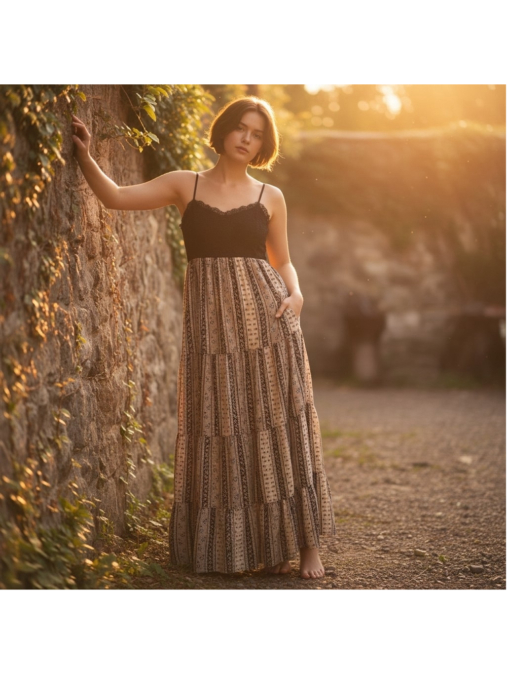 No Boundaries Black Tan Patterned Maxi Dress Goth Boho Fairycore Size L